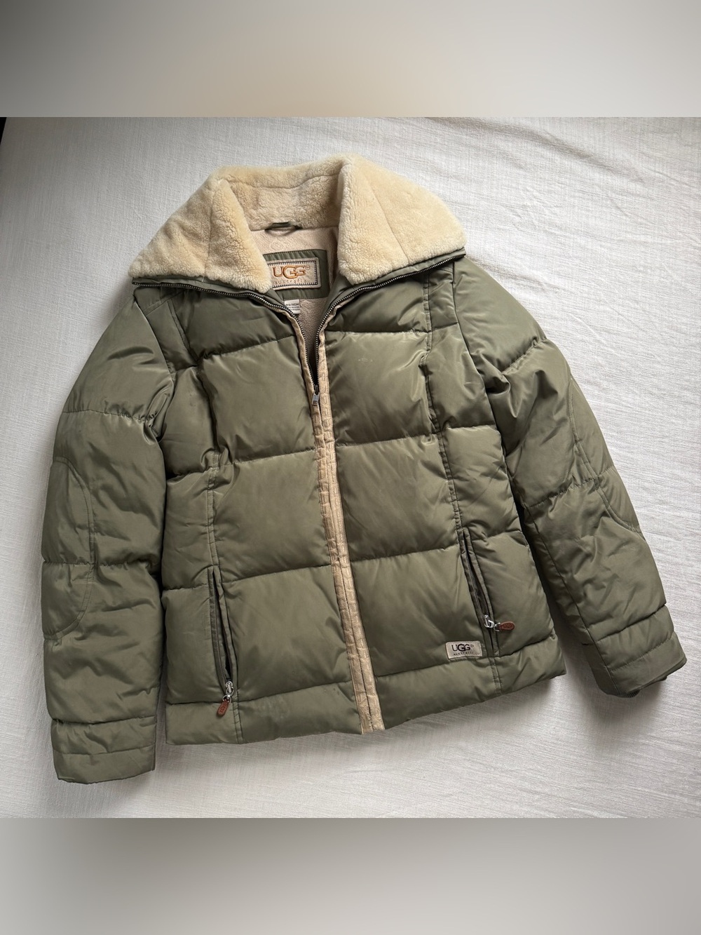 UGG Australia Olive Green Down Puffer Jacket Sherpa Collar XS